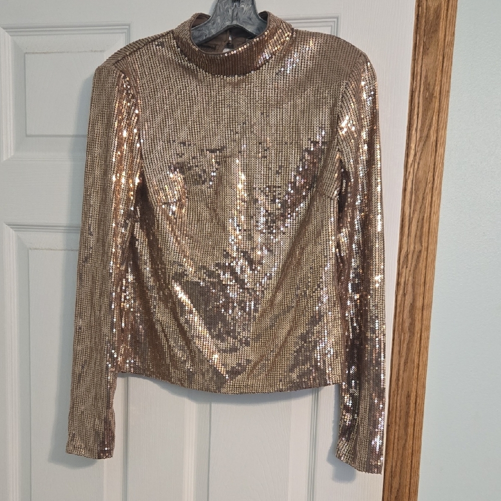 Nine West Gold Sequin Mandarin Collar Blouse